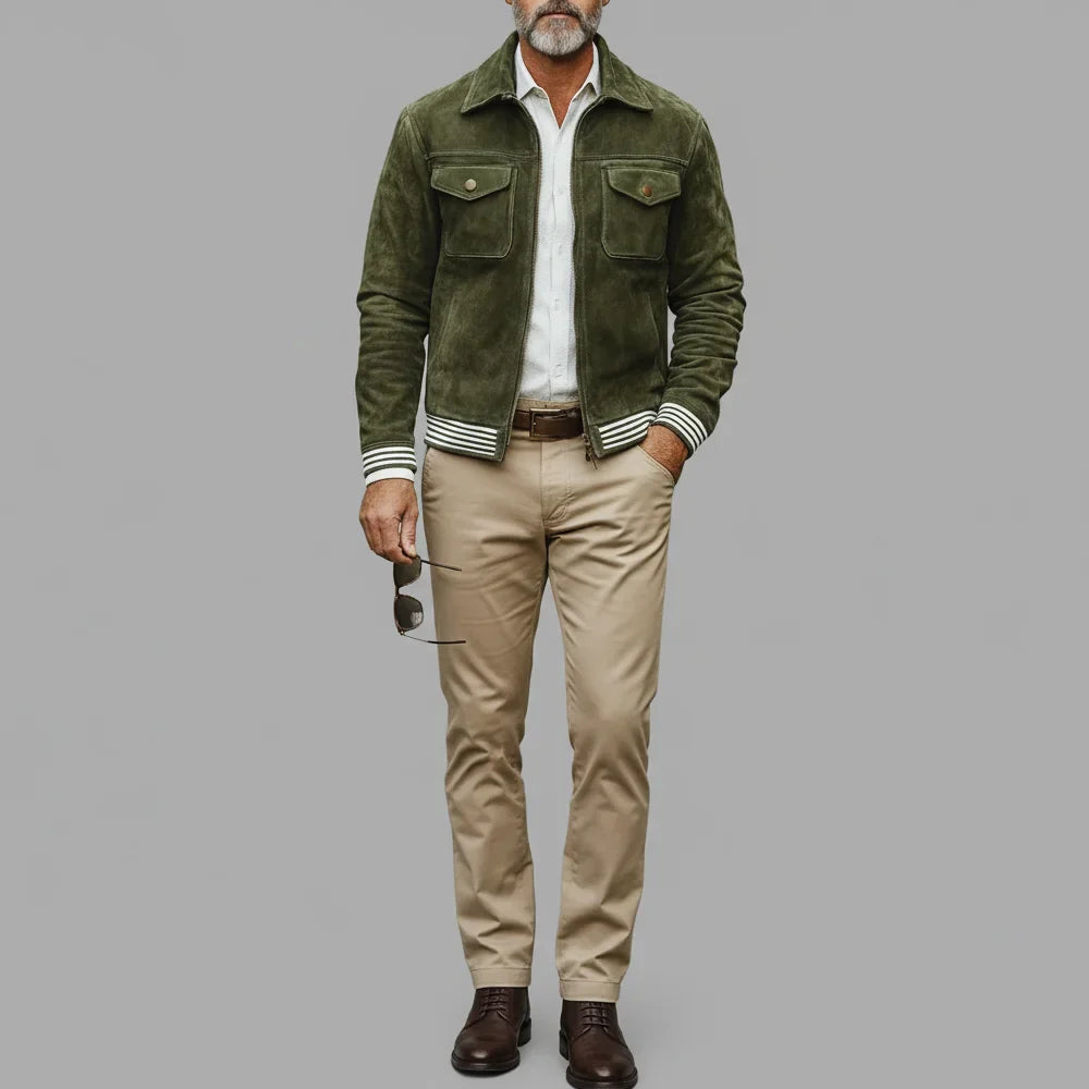 Giacca retrò in camoscio verde kaki