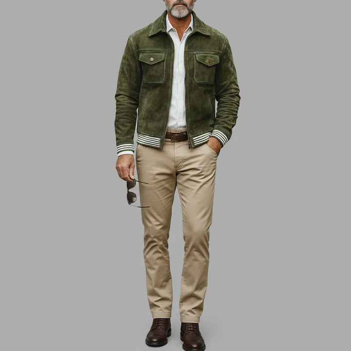 Giacca retrò in camoscio verde kaki